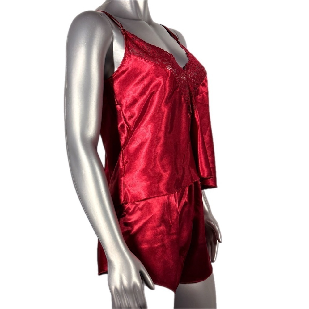 Red Satin Pajama Set with Lace Trim Adjustable Strap Top & Shorts - Picture 2 of 11